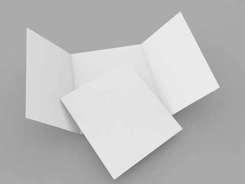 Open blank three folded flyer and A4 sheet mockup on gray background. 3d render illustration.