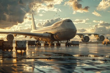 A massive jetliner is seen sitting stationary on the surface of an airport tarmac. - obrazy, fototapety, plakaty