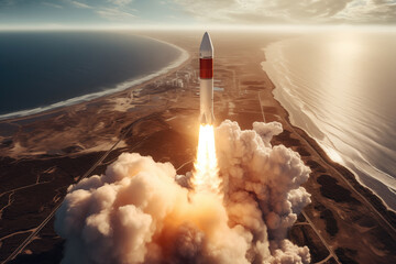 Aerial view of rocket launch at sunrise over ocean coast