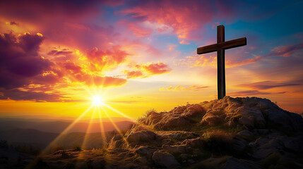 Jesus cross on Calvary Hill Dramatic Sunset at Golgotha - obrazy, fototapety, plakaty