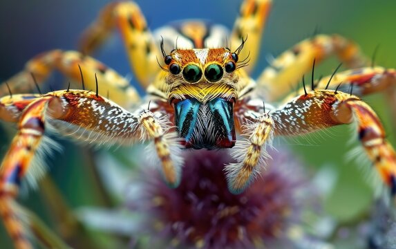 Close-up of a colorful jumping spider on a blurred background, showcasing intricate patterns and vivid eyes.