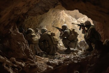 A group of soldiers are seen inside a cave, conducting reconnaissance to gather intelligence on enemy activities.