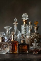 A row of antique perfume bottles in various shapes and sizes enhances the tabletop display.