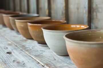 A collection of earth-toned artisanal pottery bowls neatly lined up on top of a sturdy wooden table.
