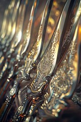 A row of sharp knives with intricate patterns sitting side by side on a surface.