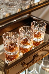 Four crystal whiskey glasses sitting on top of a polished metal tray.