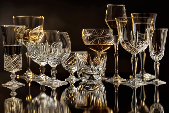 A set of crystal wine glasses with delicate etchings sitting on top of a table.