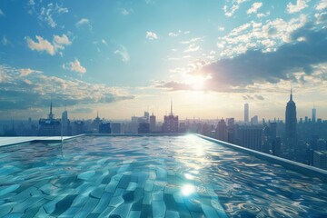 A sleek rooftop swimming pool offering panoramic views of the cityscape.