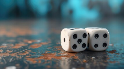 Worn dice on a marbled blue surface