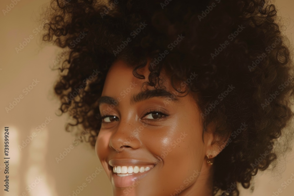 Wall mural gorgeous portrait of an african american woman with a radiant smile and stunning curly hair in a dre