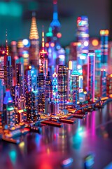 A vibrant model of a city at night, featuring colorful lights illuminating the skyline.