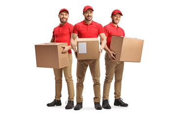 Delivery men with packages in red t-shirts