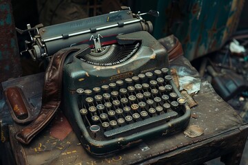 An old fashioned typewriter with aged keys and a worn leather pad, sitting on top of a table. - obrazy, fototapety, plakaty