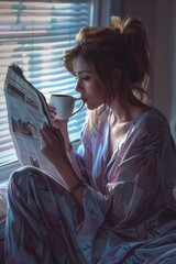 A woman draped in pajamas sits on a bed, engrossed in reading a newspaper while sipping on coffee.