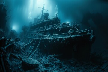A ship is seen in the water amidst a significant amount of debris. - obrazy, fototapety, plakaty