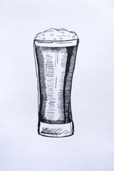 Glass of beer sketch in black ink on white