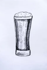 Fototapete Surrealismus Glass of beer sketch in black ink on white