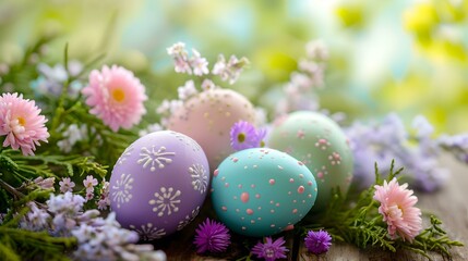 Fototapeta na wymiar Easter Decorations with Colorful Eggs and Flowers, holiday, celebration, spring, traditional