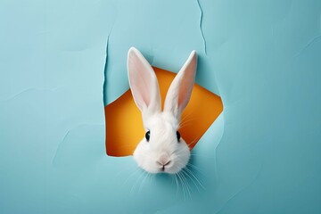 Adorable Easter Bunny Peeking from Single Colored Paper, rabbit, holiday, cute, furry - obrazy, fototapety, plakaty