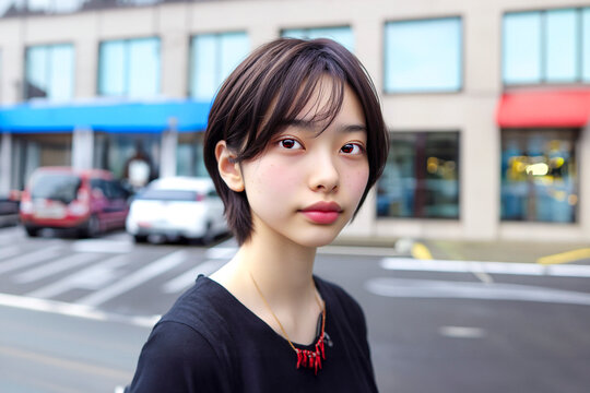 street snapshot image of beautiful Asian young woman with short haircut