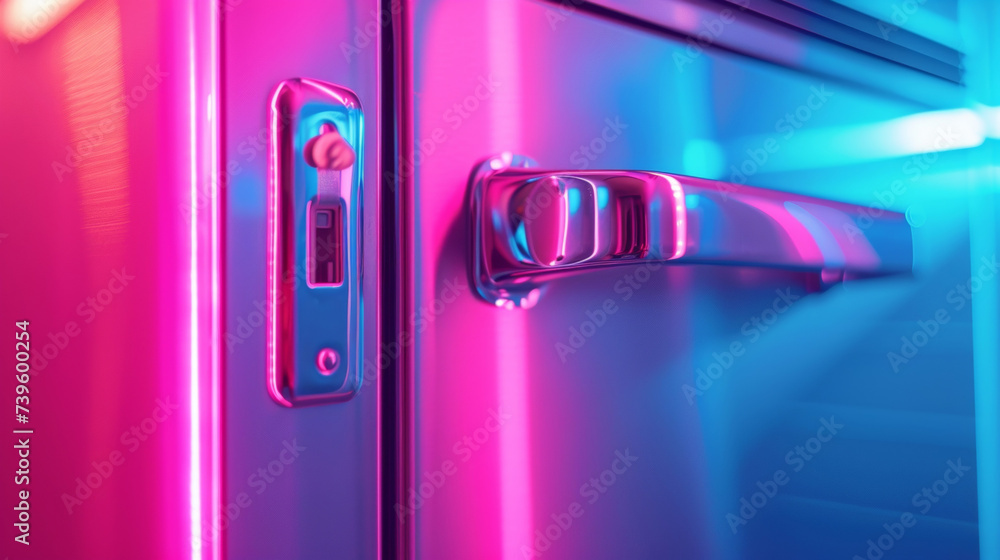 Poster front view of the microwaves door displaying the safety latch and handle.