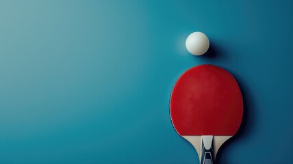 Red ping pong paddle and white ball on blue