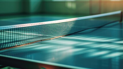 Close-up of a table tennis net on a blue table