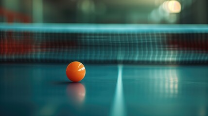 An orange ping pong ball on a blue table with a net shadow