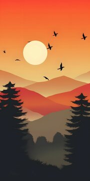 Birds and a shady valley in the distance Vector SVG 2D animation Dark green, dark gray, light orange, light red