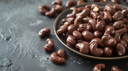 Chocolate-covered cashews on a dark plate