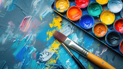 Vibrant paint colors and brush on a canvas