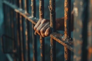 Prisoner s hand seen beyond jail cell bars