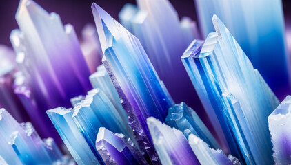  Layers of vibrant blue and purple semi translucent fluorite like crystal point formations, serrated sharp edges texture, shallow depth of field macro closeup background. - obrazy, fototapety, plakaty