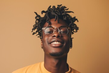 Fototapeta premium Smiling young Black gen z guy isolated on beige background Cool ethnic teen student with curly hair fashion model looking at camera portrait