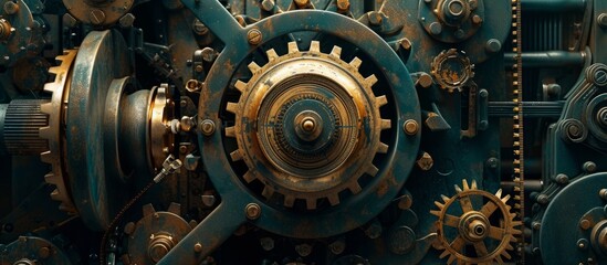 Detailed close up of a unique clock mechanism with intricate gears and cogs