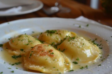 Stuffed pasta similar to ravioli called mezzelune or Schlutzkrapfen in Tyrol and crafuncins in German filled with potato goat cheese and mint