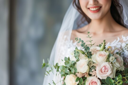 Proud and happy Asian bride beautifully attired in a white wedding dress holding a bouquet radiates bridal joy