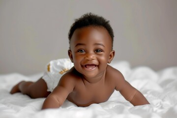 Joyful African baby lying on a comfortable bed wearing diapers alone - obrazy, fototapety, plakaty