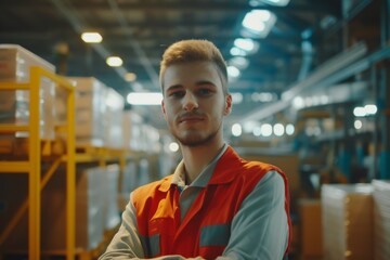 Smiling Caucasian industrial engineer alone in manufacturing plant