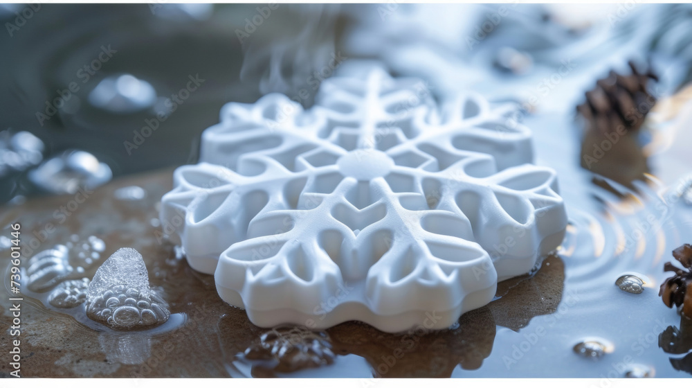 Poster closeup of a reusable hand warmer in the shape of a snowflake with a textured surface for better hea