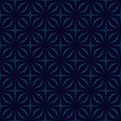 Vector dark blue geometric seamless pattern. Stylish texture with halftone dots, organic shapes, floral silhouettes, grid. Subtle elegant minimal background. Repeated geo design for decor, textile