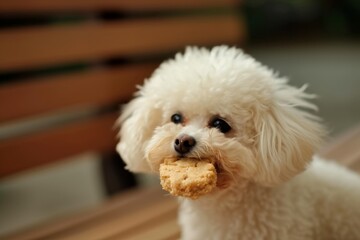 Maltese dog enjoying peanut butter