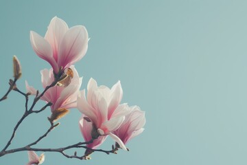 Minimalistic still life or internet banner featuring beautiful pink magnolia flowers on a soft blue backdrop