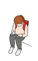 ランドセルを背負い座り込む小学生