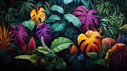 Illustration of a jungle with colorful plants and flowers