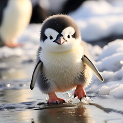 Penguin on ice. A fluffy baby penguin taking its first wobbly steps on the icy terrain. Generative AI.