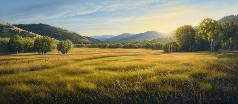 Serene landscape painting of a green field with lush trees and majestic mountains in the background