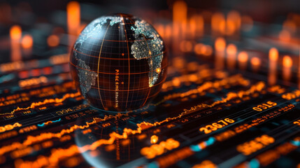 A holographic globe showcasing global economic trends and market data from different countries. The interactive feature allows users to select specific regions and zoom in - obrazy, fototapety, plakaty