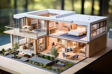 Architectural blueprint and physical model of a modern, eco-friendly residence