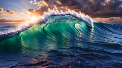 crest ocean waves sunset 26 - obrazy, fototapety, plakaty